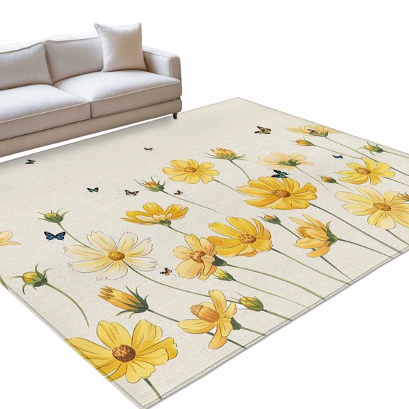Yellow Flower 6x9ft Non Slip Area Rug Country Farm Yellow Floral Bud Butterfly Leaf Linen Washable Soft Area Rugs for Living Room, Indoor Circle Carpet for Bedroom Dining Room Kitchen