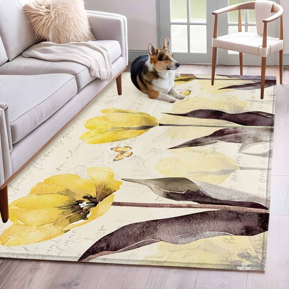 Yellow Flower Area Rug 3x5 Washable Rug Non Slip Farmhosue Country Vintage Butterfly Floral Large Area Rug Indoor Floor Carpet for Entryway Bedroom Kitchen Living Room Home Office Dining Room Nursery