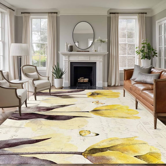 Yellow Flower Area Rug 5x7 Washable Rug Non Slip Farmhosue Country Vintage Butterfly Floral Large Area Rug Soft Stainresistant Indoor Floor Carpet for Living Room Bedroom Home Office Dining Room