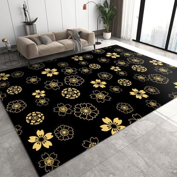 Yellow Flower Area Rugs, Black Cute Plant Carpet, Large Area Rug Pattern Clear Comfortable Feet Apply To Office Family And Pet Farmhouse 5x7ft