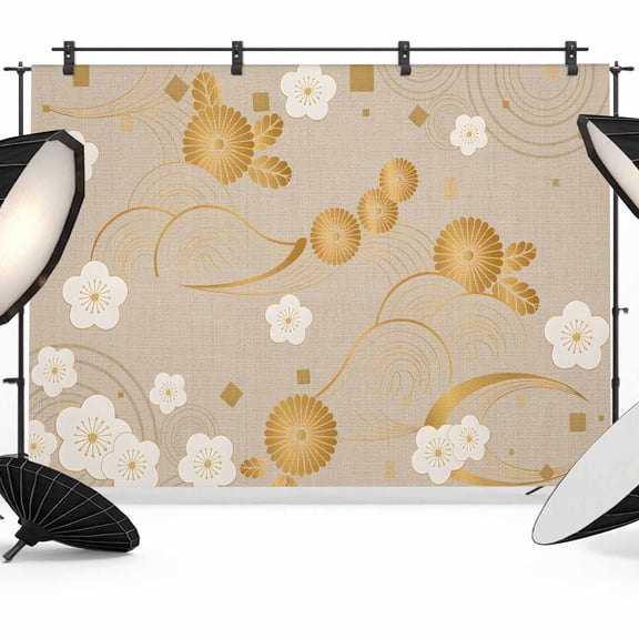 Yellow Flower Backdrop for Photoshoot,Photography Photo Studio Background Wall Backdrop,Japanese Style Floral Leaf on Linen Back Drop Banner Panel for Portraits Wedding Party Live Streaming 12x8Ft