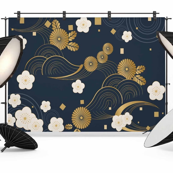 Yellow Flower Backdrop for Photoshoot,Photography Photo Studio Background Wall Backdrop,Japanese Style Floral Leaf Textured Navy Blue Back Drop Banner Panel for Portraits Wedding Live Streaming 7x5Ft