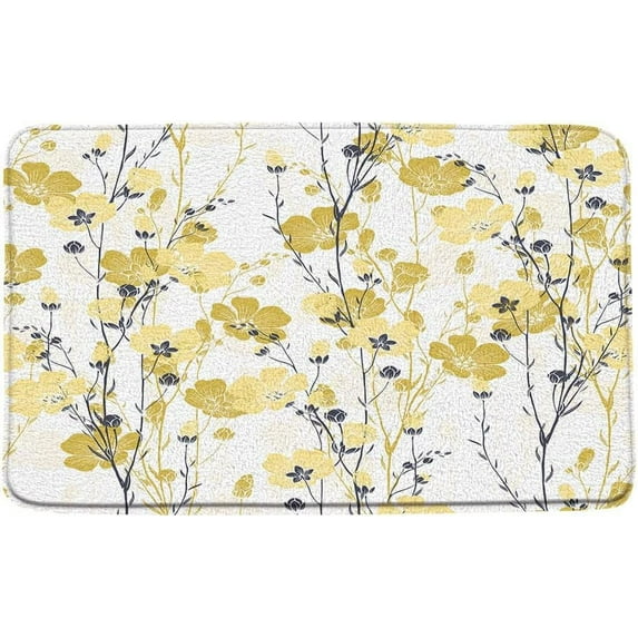 Yellow Flower Bath Mat Watercolor Blossoming Floral Botanical Wildflower Plant Herbs Rustic Print Microfiber Memory Foam Home Office Door Bathroom Mat/Bath Rugs 20x32 Inch