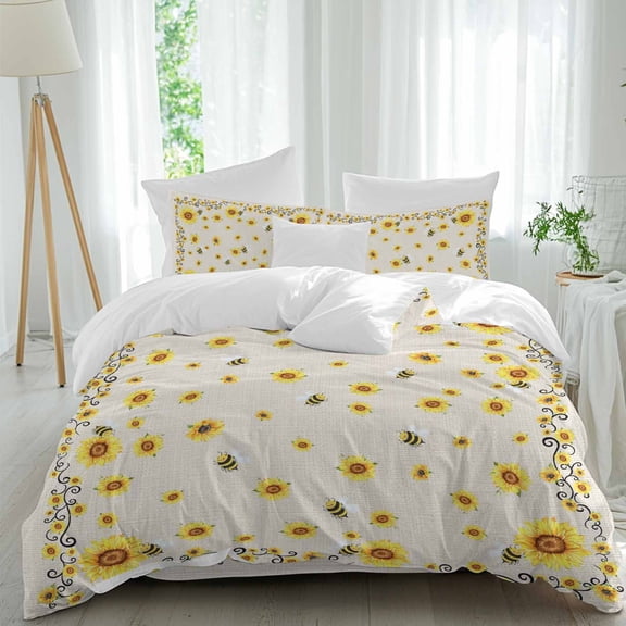 Yellow Flower Bee Full Size Comforter Set, Vintage Country Sunflower Floral Summer Bee Bedding for All Seasons, 4 Pcs Bed Set, 1Quiltcover (86"x86") ,1Sheet(80"x116"), 2Pillowcases (30"x20")