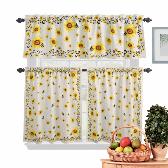 Yellow Flower Bee Kitchen Curtains Valances 3 Piece Set, Vintage Country Sunflower Floral Summer Bee Linen Texture Rod Pocket Tier Curtain and Valance Drapes for Small Window 36 Inch Length for Home