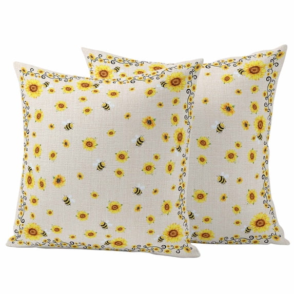 Yellow Flower Bee Outdoor Pillow Covers Pack of 2 Vintage Country Sunflower Floral Summer Bee Linen Texture Waterproof Throw Pillow Covers Decorative Cushion Cases for Patio Garden Tent 16x16 inch