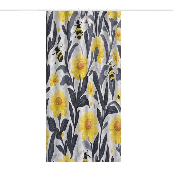 Yellow Flower Bee Print Shower Curtain,Cloth Fabric Waterproof Polyester Bathroom Home Decor Set with Hooks