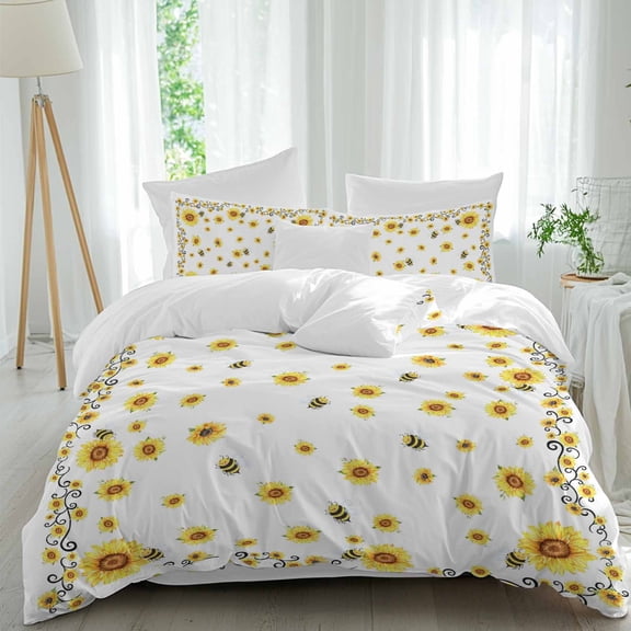 Yellow Flower Bee Queen Size Comforter Set, Vintage Country Sunflower Floral Summer Bee Bedding for All Seasons, 4 Pcs Bed Set, 1Quiltcover (90"x92") ,1Sheet(94"x116"), 2Pillowcases (30"x20")