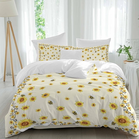 Yellow Flower Bee Queen Size Comforter Set, Vintage Country Sunflower Floral Summer Bee Yellow Bedding for All Seasons, 4 Pcs Bed Set, 1Quiltcover (90"x92") ,1Sheet(94"x116"), 2Pillowcases (30"x20")