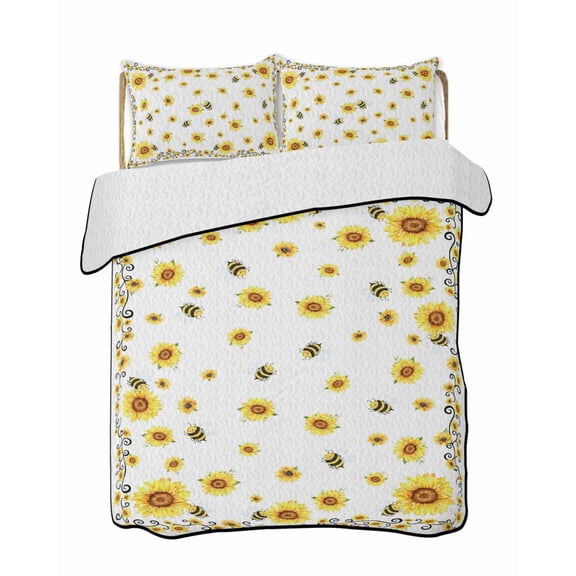 Yellow Flower Bee Quilts Bedding Set Queen Size Vintage Country Sunflower Floral Summer Bee Lightweight Quilted Bedspread 3 Piece Bed Quilt with 2 Pillow Shams All Season for Bedroom 78" x 90"