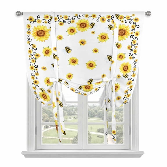 Yellow Flower Bee Tie Up Curtain for Window, Vintage Country Sunflower Floral Summer Bee Adjustable Tie Up Balloon Curtain Valances Rod Pocket Window Treatment for Kitchen Bathroom Bedroom 42"x45"