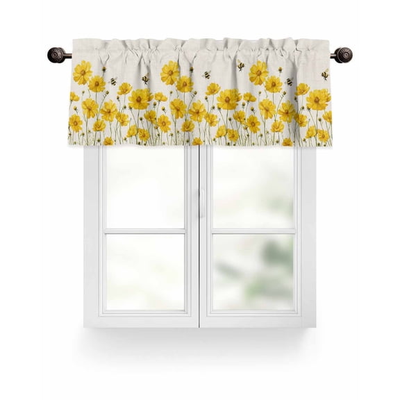 Yellow Flower Bees Kitchen Valances for Windows Rustic Country Floral Farmhouse Valance Curtains&nbsp; for Kitchen /Living Room/Bedroom/ Bathroom Decor, 54"x18 " ,Rod Pocket 1 Panel, Beige