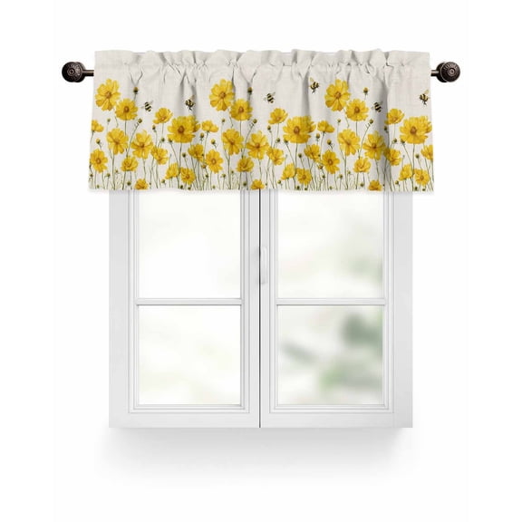 Yellow Flower Bees Kitchen Valances for Windows Rustic Country Floral Farmhouse Valance Curtains  for Kitchen /Living Room/Bedroom/ Bathroom Decor, 54"x18 " ,Rod Pocket 1 Panel, Beige