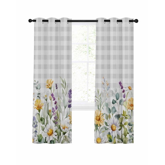 Yellow Flower Blackout Curtains, Light Blocking Print Window Curtains, Country Eucalyptus Lavender Daisy Plaid Grey Thermal Insulated Window Drapes for Living Room 2 Panels, 84"W x 84"L