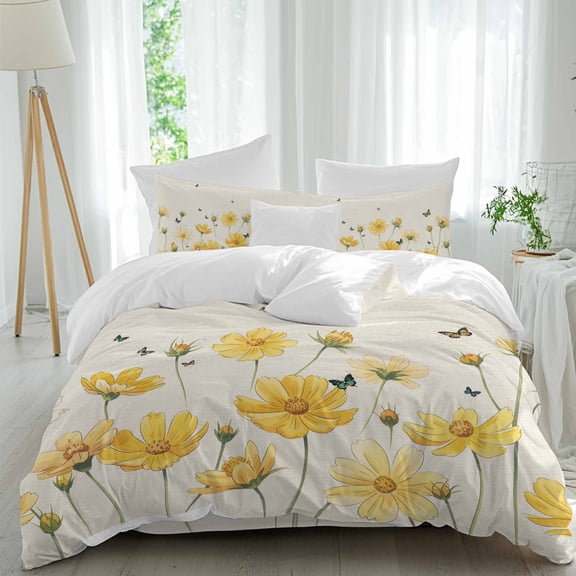 Yellow Flower California King Duvet Cover Set, Country Farm Yellow Floral Bud Butterfly Leaf Linen 4 Piece Microfiber Bedding Set with Zipper Closure, Bed Sheet and 2 Pillow Shams, Soft Bedding Cover