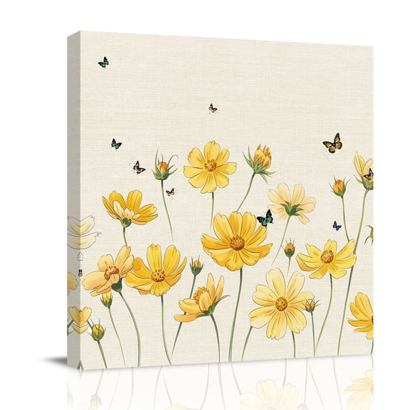 Yellow Flower Canvas Wall Art for Living Room, Country Farm Yellow Floral Bud Butterfly Leaf Linen Poster Print Painting for Bedroom Office Home Decoration Wall Pictures Prepare To Hang 8"x8"