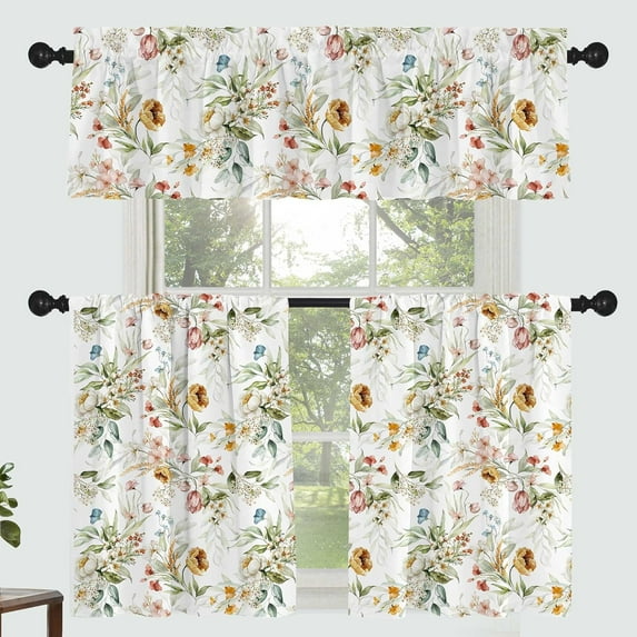 Yellow Flower Curtain for Kitchen Bathroom Beautiful White Floral Rod Pocket Window Tier Curtains Valance Set 3 Pcs Plant Printed Curtains 54 x 18 inches + 27 x 36 inches *2