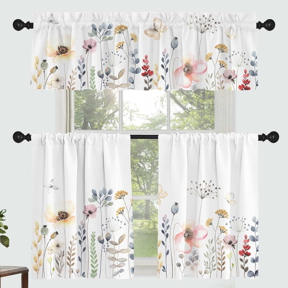 Yellow Flower Curtain for Kitchen Bathroom Beautiful White Floral Rod Pocket Window Tier Curtains Valance Set 3 Pcs Plant Printed Curtains 54 x 18 inches + 27.5 x 36 inches *2