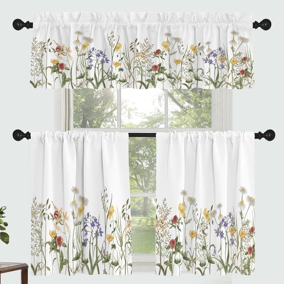 Yellow Flower Curtains for Kitchen Bathroom Daisy Flower Print Rod Pocket Window Curtain Set 3 Pcs Modern Simple Flower Leaf Printed Curtains 54 x 18 + 27 x 36 * 2