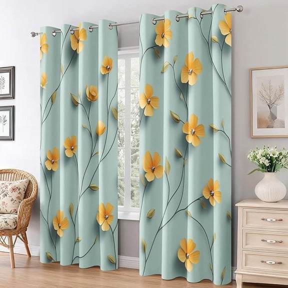 Yellow Flower Curtains for Living Room, Thermal Insulated Botanical Floral Blackout Curtains, Grommet Drapes Window, Yellow Floral Bedroom Decor 26"W x 63"L (Pack of 2)