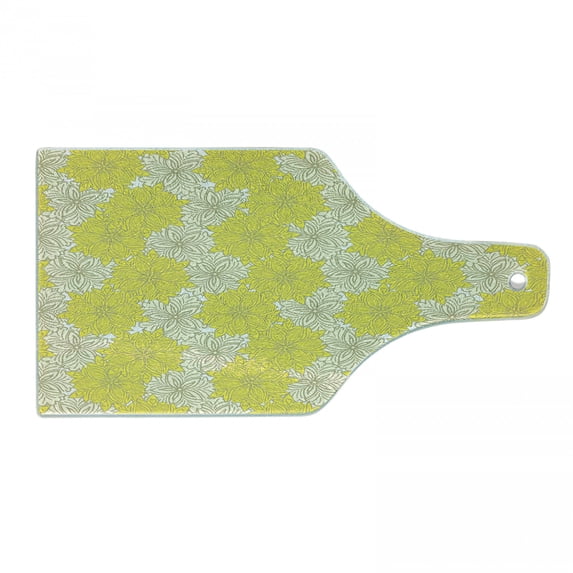 Yellow Flower Cutting Board, Fresh Garden Pattern with 2 Shaded Motifs Lively Summer Pattern, Decorative Tempered Glass Cutting and Serving Board, Wine Bottle Shape, Yellow Cream, by Ambesonne