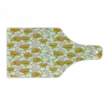 Yellow Flower Cutting Board, Playful Spring with Narcissus Daffodils Flourish Graphic Garden, Tempered Glass Cutting and Serving Board, Wine Bottle Shape, Pale Pink Yellow Cream, by Ambesonne