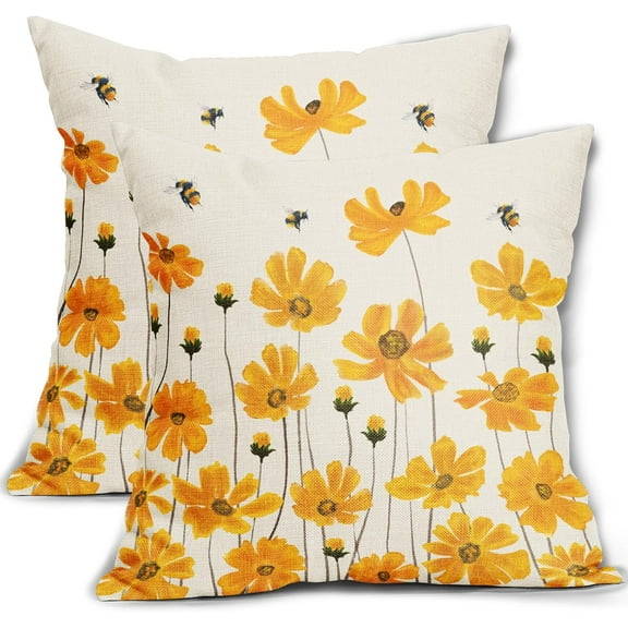 Yellow Flower Daisy Pillow Covers 20x20 Set of 2 Bee Floral Print Spring Summer Themed Decorative Throw Pillow Cases Outdoor Farmhouse Decor for Sofa Couch Bed