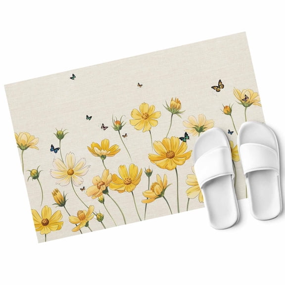 Yellow Flower Door Mat Country Farm Yellow Floral Bud Butterfly Leaf Linen Non Slip Absorbent Entrance Mat Washable Low Profile Indoor Doormat for Front Door Entryway Entry 16"x24"