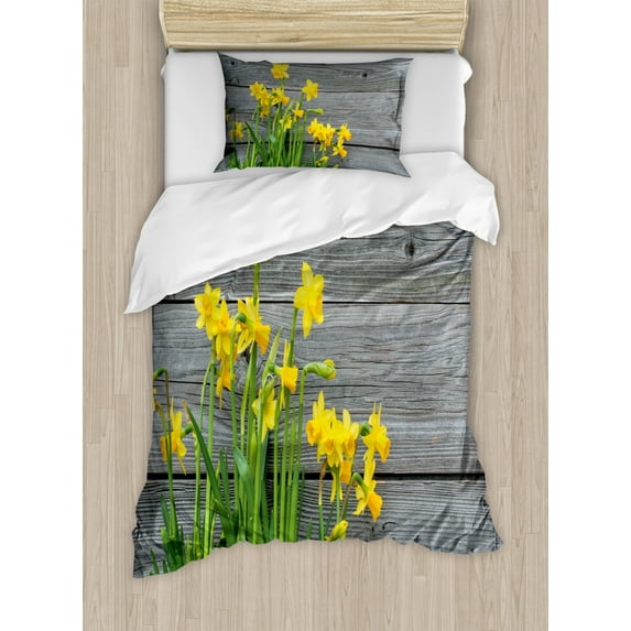 Yellow Flower Duvet Cover Set Twin Size, Bouquet of Daffodils on Wood Planks Gardening Rustic Country Life Theme, Decorative 2 Piece Bedding Set with 1 Pillow Sham, Yellow Grey, by Ambesonne