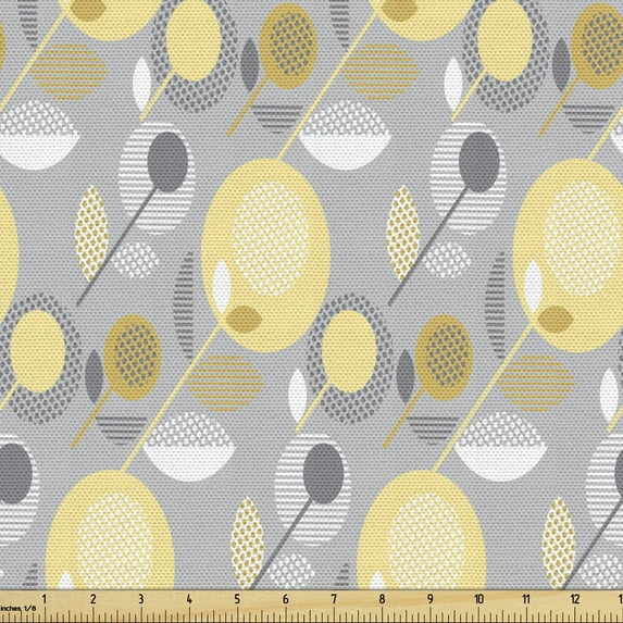 Ambesonne Yellow Flower Fabric by the Yard Upholstery, 60's Pattern, 1 Yard, Pale Yellow Pale Grey