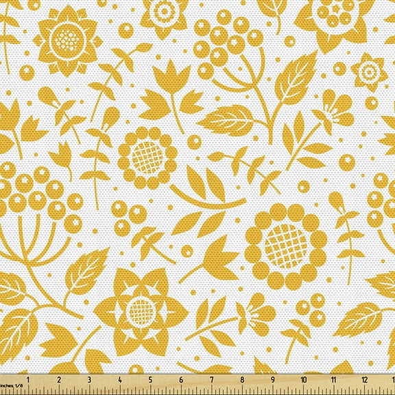 Ambesonne Yellow Flower Fabric by the Yard Upholstery, Rustic Nature, 1 Yard, Yellow White