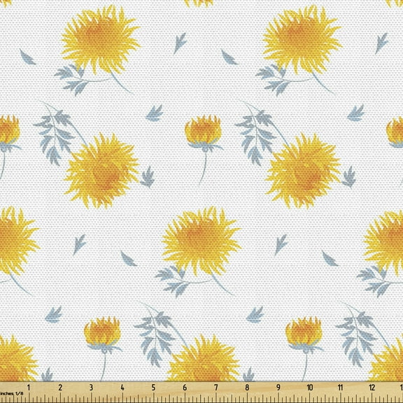 Yellow Flower Fabric by the Yard Upholstery, Seasonal Autumn Florets Chrysanthemum Fall Leaves Natural Grace Theme, Decorative Fabric for DIY and Home Accents, 5 Yards, Mustard Pale Grey by Ambesonne