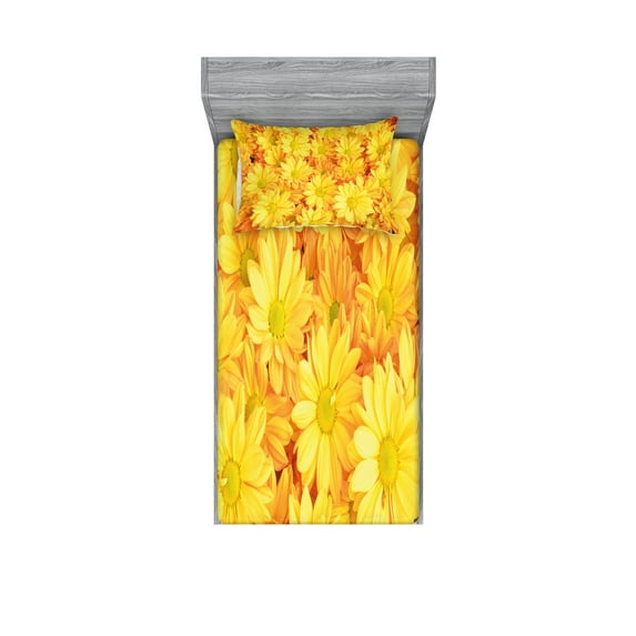 Yellow Flower Fitted Sheet & Pillow Sham Set, Lively Daisies Fresh Bouquets with Natural Seasonal Bedding Plant Petals, Decorative 4 Piece Bedding Decor Set, Twin, Marigold Yellow, by Ambesonne