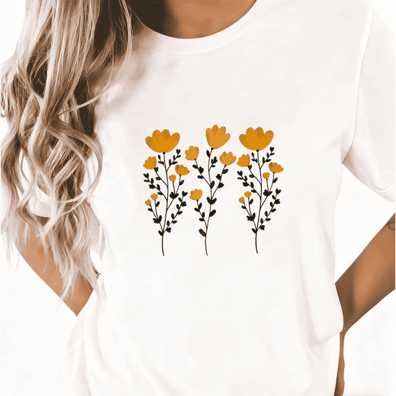 Yellow Flower Floral Graphic Regular Fit Tee T-Shirt Print Top Short Sleeve Round Neck White S-5XL