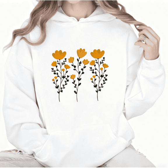 Yellow Flower Floral Graphic Trendy Cotton Tee T-Shirt Print Top Hooded long-sleeved White S-2XL