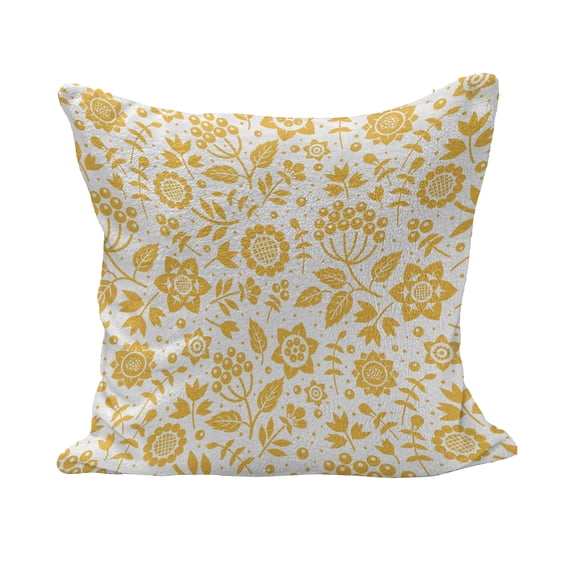 Yellow Flower Fluffy Throw Pillow Cushion Cover, Rustic Composition with Berries Twigs Graphic Flora Nature Leaves Pattern, Decorative Square Accent Pillow Case, 18" x 18", Yellow White, by Ambesonne