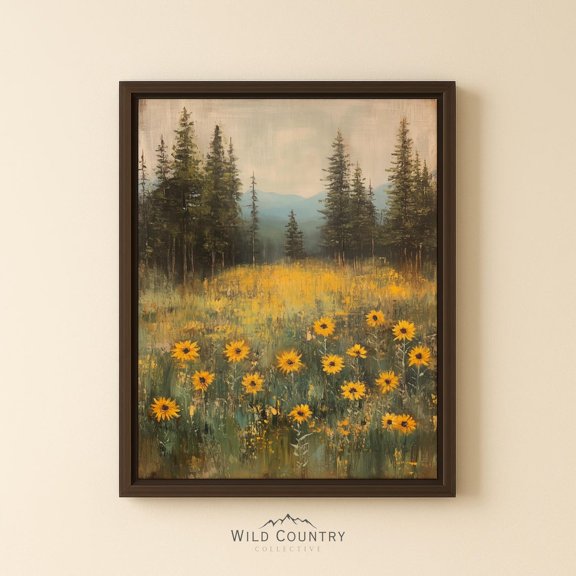 Yellow Flower Forest Wall Art Print, Moody Mountain Wildflower Rustic Decor