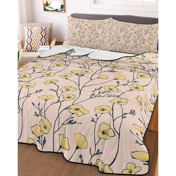 Yellow Flower Full Size Down Alternative Comforter, Lightweight Comforter Quilt Bedding Set with Pillow Shams Tree Branch Leaves Spring Botanical Plant All Seasons Bed Comforter Duvet Insert 78"x90"