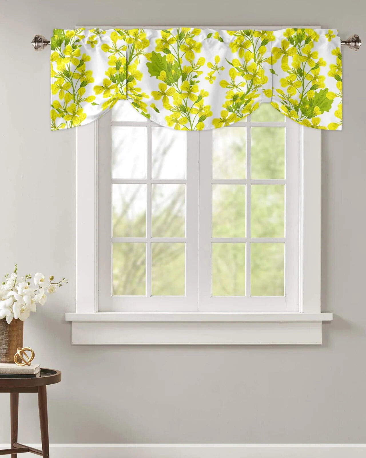 Yellow Flower Green Plant Texture Window Valance Curtain Kitchen Cafe ...