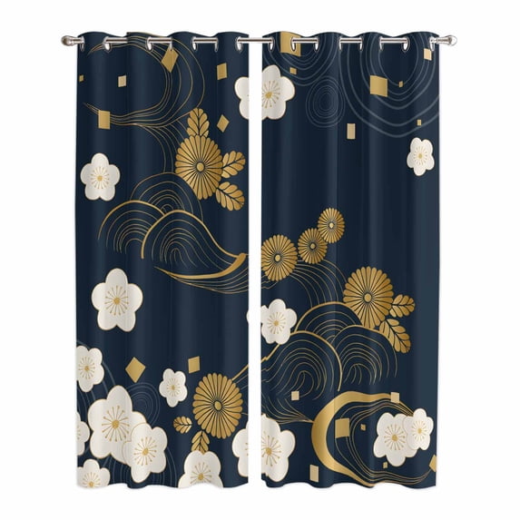 Yellow Flower Kitchen Curtains 96 Inch Length, Japanese Style Floral Leaf Textured Navy Blue Grommet Top Bedroom Living Room Curtains, Light Filtering Cafe Curtain Drapes 2 Panels Set 104''x96''