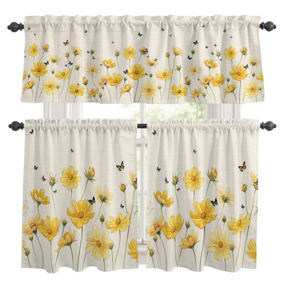 Yellow Flower Kitchen Curtains Set for Windows, Country Farm Yellow Floral Bud Butterfly Leaf Linen Curtains Valance and Tier 3 Piece Set Small Drapes 36 Inch Length for Kitchen Bedroom Decor