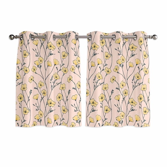 Yellow Flower Kitchen Curtains Short 54 Inch Length, Tree Branch Leaves Spring Botanical Plant Grommet Top Bedroom Living Room Curtains, Light Filtering Cafe Curtain Drapes 2 Panels Set 84''x54''
