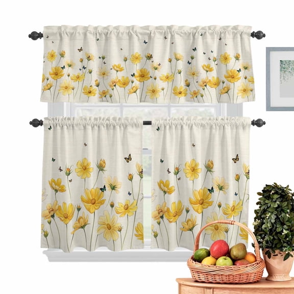 Yellow Flower Kitchen Curtains Valances 3 Piece Set, Country Farm Yellow Floral Bud Butterfly Leaf Linen Rod Pocket Tier Curtain and Valance Drapes for Small Window 36 Inch Length for Bedroom Cafe