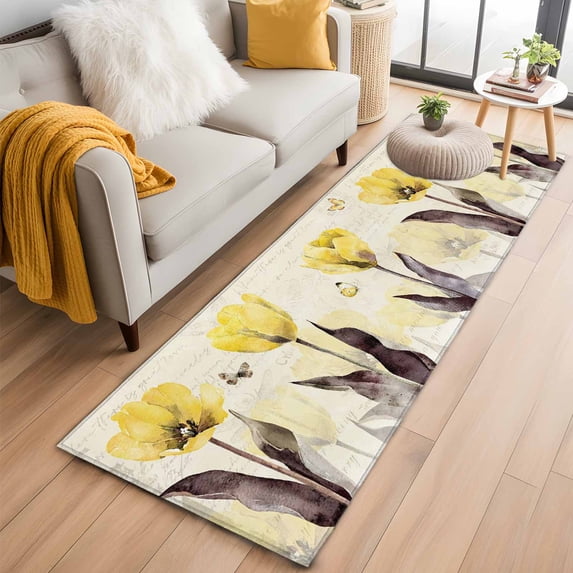Yellow Flower Kitchen Runner Rug 2x6 Washable Runners for Hallway Non Slip Farmhosue Country Vintage Butterfly Floral Large Area Rug Indoor Floor Carpet for Bathroom Laundry Entryway Bedroom