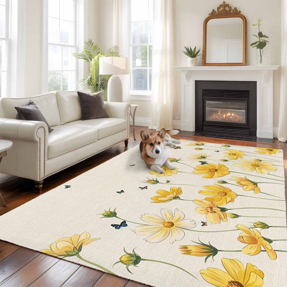 Yellow Flower Large Area Rugs 5x8 ft Country Farm Yellow Floral Bud Butterfly Leaf Linen Washable Rug Non Slip Indoor Carpet Absorbent Floor Mat for Living Room Bedroom Dining Room