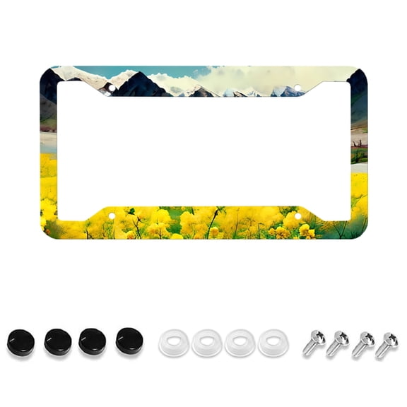 Yellow Flower License Plate Holder, Snow Mountain License Plate Frame, Cartoon Painted License Plate Frame, Front Car Color License Plate Cover, Car Accessories 4-Hole With Screws, 1 Piece, 12x6 inch