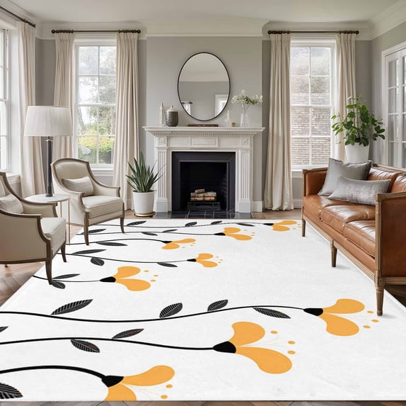 Yellow Flower Living Room Rugs 5'x7', Abstract Spring Autumn Simple Yellow Floral Black Leaf Low Pile Throw Large Area Rugs Non-Slip Sturdy Edge Binding Carpet for Dining Room Bedside Kitchen