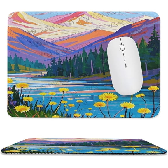 Yellow Flower with Mountain Mouse Pad 8x10 in Size, Stitched Edges Computer Mouse Pad with Smooth Cloth Surface, Cheerful Yellow Flower Artwork with Mountain Scene for Home or Office Desk Decor
