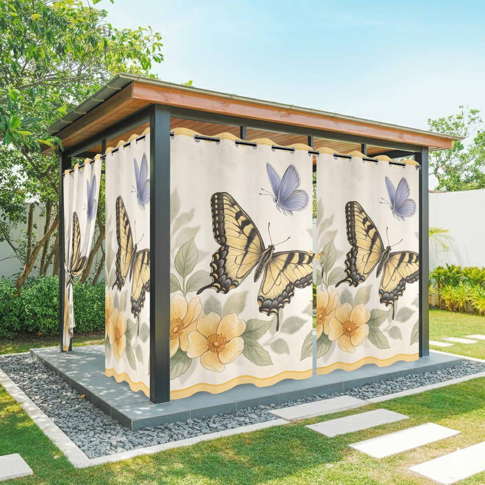 Yellow Flower Outdoor Curtains for Patio, Blue Butterfly Watercolor Green Leaf Spring Sunshade Privacy Drapes Grommet Waterproof Outside Curtains for Porch/Cabana/Balcony 54"x 108", 1 Panel