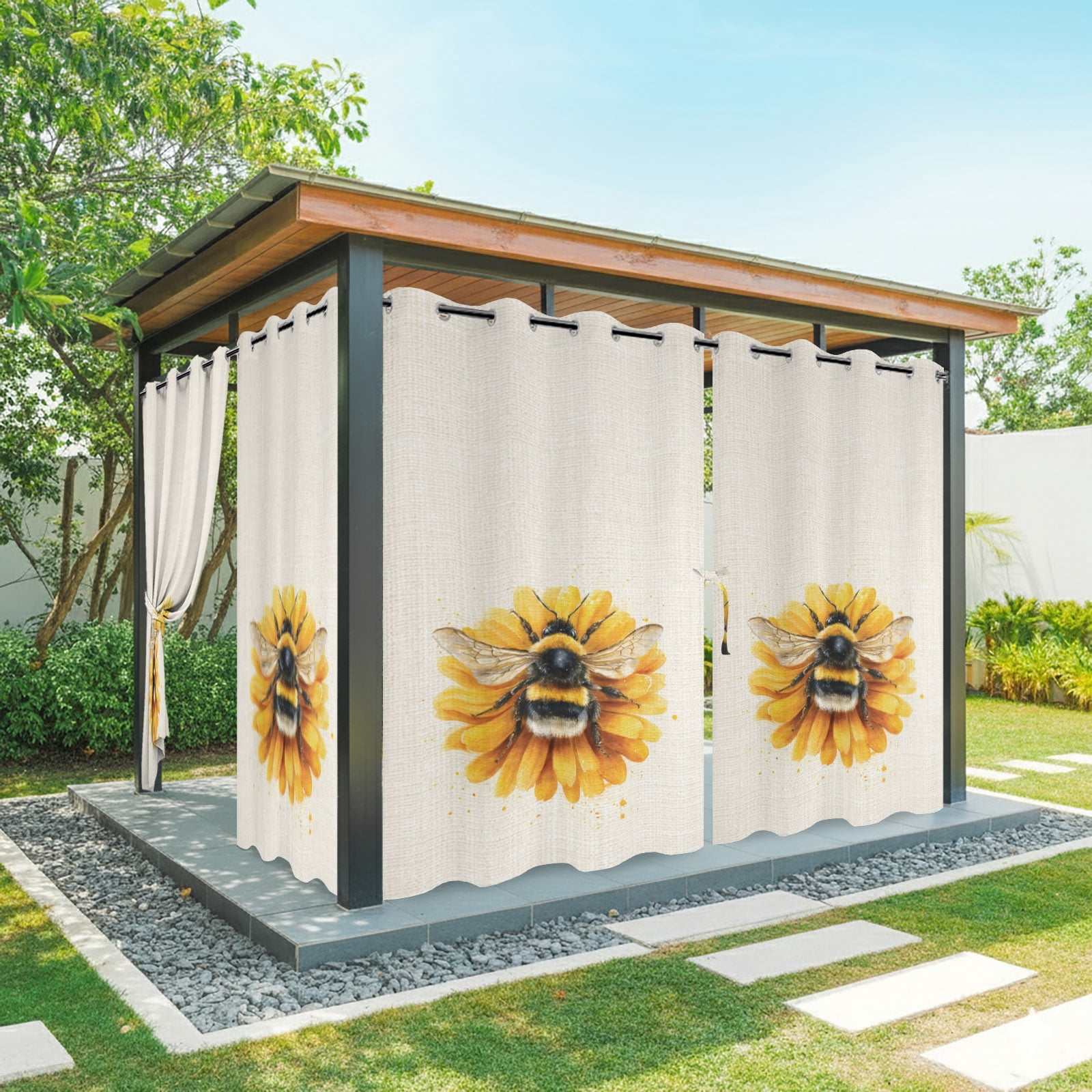 Yellow Flower Outdoor Curtains for Patio, Summer Bee Farmhouse Vintage Daisy Sunshade Privacy Drapes Grommet Waterproof Outside Curtains for Porch/Cabana/Balcony 54"x 108", 1 Panel